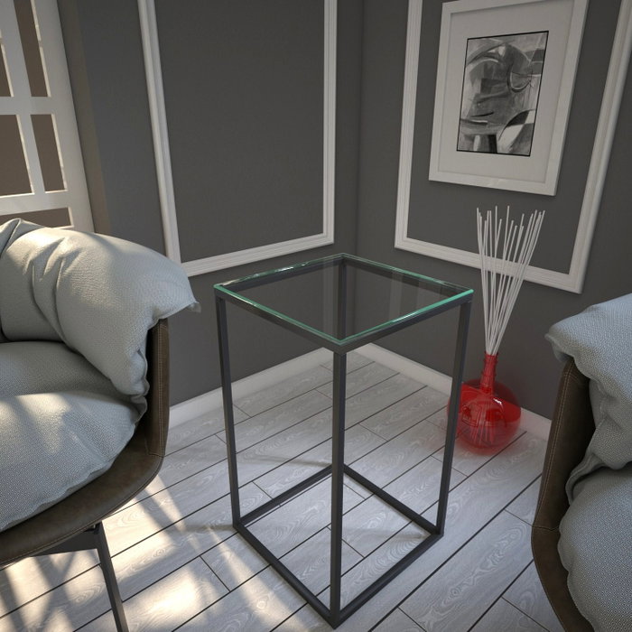 Hanah Home Mesa Auxiliar Antracita con Tapa de Cristal y Patas Metálicas, 35x62x35 cm